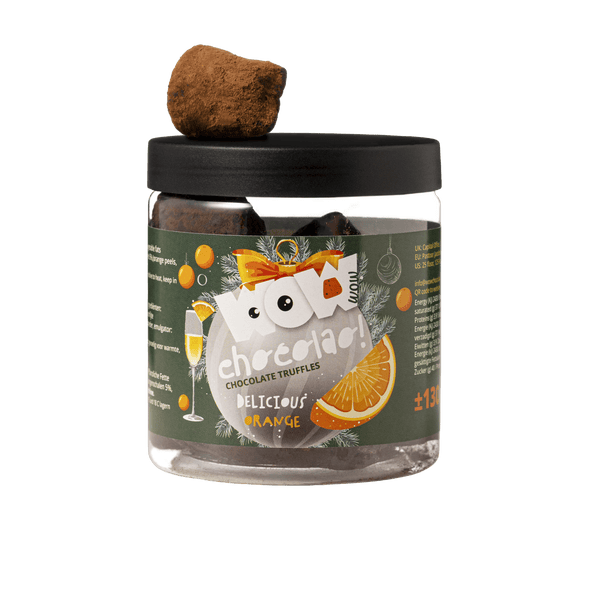 Tarro de regalo de trufas navideñas de naranja confitada 130g | Chocolate festivo de naranja