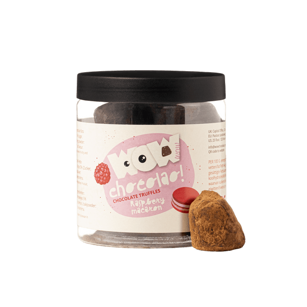 Tarro de regalo de trufas de chocolate de macaron de frambuesa 130g | Chocolate afrutado de lujo