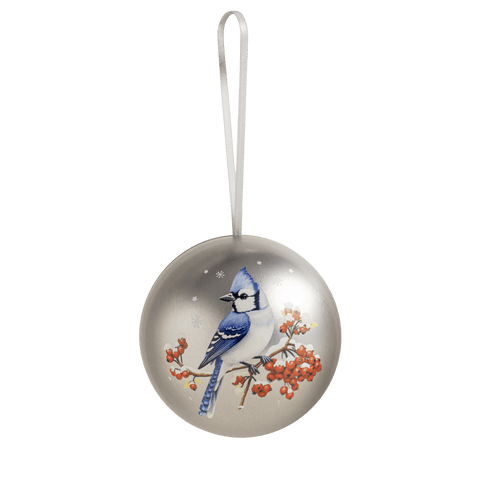 Silver Blue Jay Christmas Bauble Filled with Crunchy Truffle Pops - WOW Chocolao!
